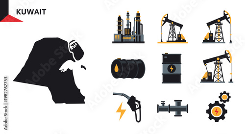 Kuwait Oil Industry Icons: Map, Pumpjacks, Refinery, Barrels, Nozzle