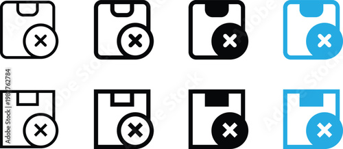 Set of package and delivery error icons, including cancelled shipment and failed delivery symbols