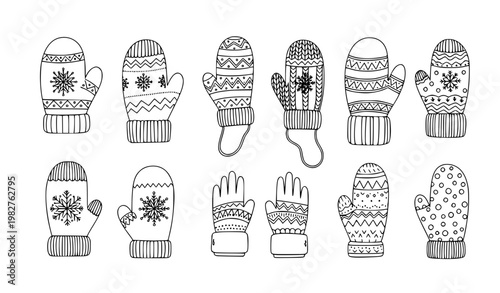 SEO Title:
Winter Mittens and Gloves Outline Collection with Snowflake and Pattern Designs Grid Layout Vector