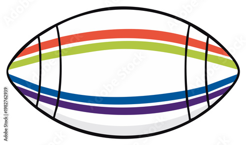 Rugby ball with colorful stripes and bold black outline, sport and recreation concept.