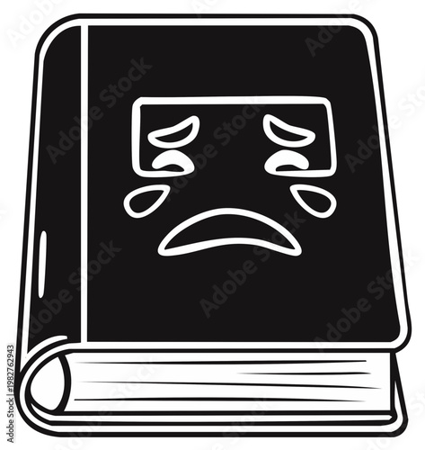 Sad crying book, illustration of closed book with tearful face, emotional learning concept, reading issues and sadness