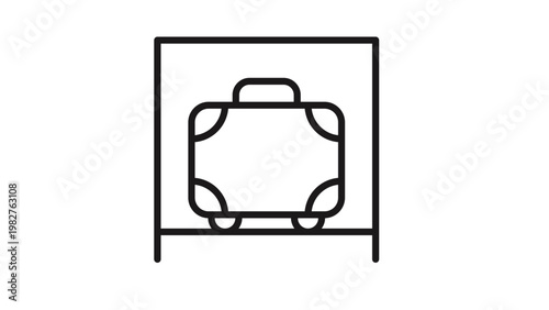 Minimalist black vector icon illustration of a suitcase inside a storage locker or luggage compartment, clean line art symbol for travel, baggage storage, airport services, and transportation.
