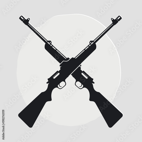 Silhouette of two crossed rifles positioned centrally against a light gray circular background featuring dark black firearm shapes with distinct barrels stocks and triggers in a flat style