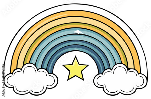 Vibrant Rainbow Arches over Fluffy Clouds with a Shining Star Illustration in Cartoon Style