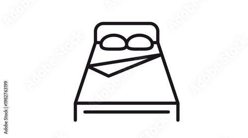 Double bed vector icon with two pillows and a folded blanket, minimalist black line art illustration for bedroom furniture, hotel accommodation, sleep, and interior design concepts.