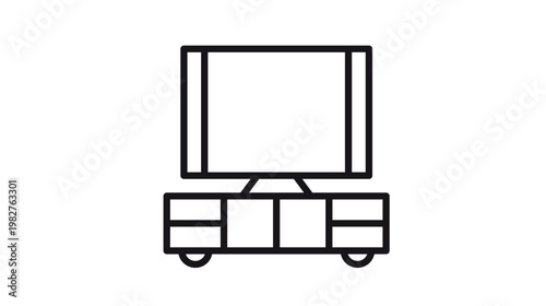 Foto Black vector icon illustration of a modern flat screen television set sitting on a stylish media console or TV stand with drawers and cabinets, isolated on a white background
