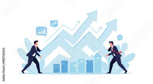 Two businessmen lifting large blue growth arrows together representing collaborative effort for corporate success and scaling.