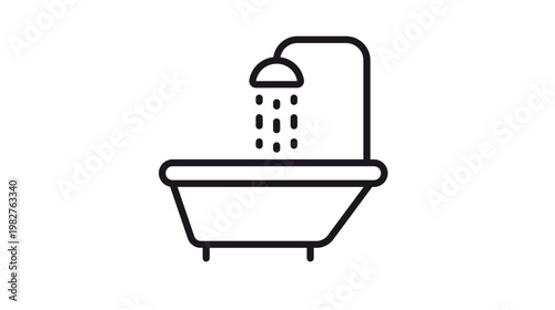 Minimalist black line vector icon of a bathtub with a shower head spraying water, clean bathroom symbol for hygiene, relaxation, and self-care, scalable graphic illustration for design projects.