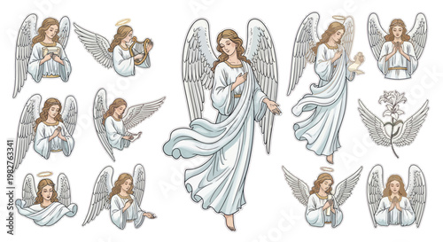 Φωτογραφία Collection of Angel Illustrations: Serene Figures with Wings and Halos
