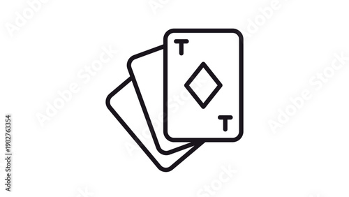 Black line vector icon illustration of three playing cards fanned out with an ace of diamonds on top, representing gambling, casino games, poker, bridge, and leisure tabletop entertainment.