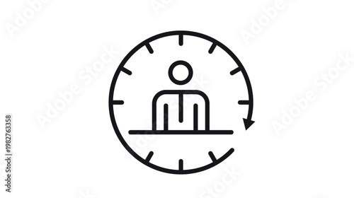 Minimalist black line vector icon of a person at a desk surrounded by a circular clock with an arrow, symbolizing 24/7 support, shift work, time management, and employee scheduling.