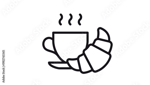 Black line art vector icon illustration of a steaming hot cup of coffee or tea served with a fresh croissant, perfect for cafe menus, breakfast branding, and morning snack graphics.