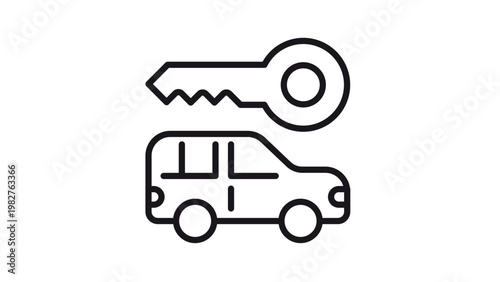 Black line vector icon of a car and a key, representing vehicle ownership, car rental services, automotive security, car keys, and transportation access, isolated on a white background.