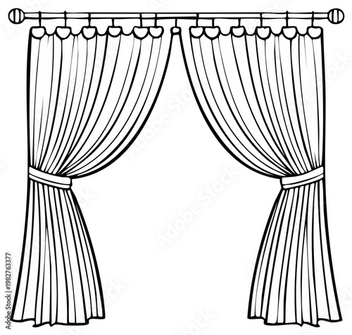 Elegant Draped Window Curtains with Valance and Tiebacks in Line Art Style Illustration