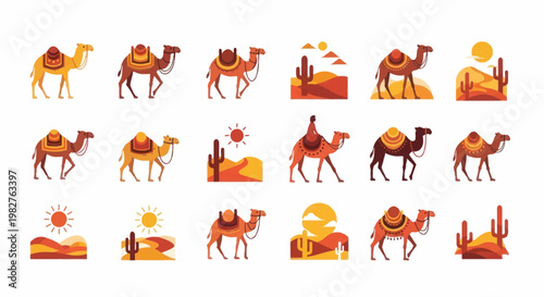Desert Caravan Collection: Camel Illustrations, Sand Dunes, Cacti, and Sun Icons