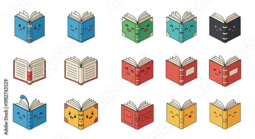 Cute Open Books Collection, Kawaii Style, Diverse Expressions, Learning and Knowledge