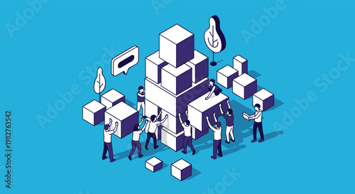 Isometric team of workers building large tower from blocks representing construction collaboration and project management.