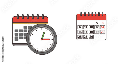 Time Management Concept: Calendar and Clock Icons on White Background