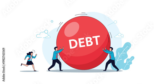 Two men pushing giant red ball labeled debt while woman runs away representing economic burden and financial pressure.