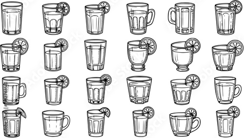 Hand-drawn Black and White Line Art Collection of Various Drink Glasses with Lemon Slices for Beverage and Bar Concepts