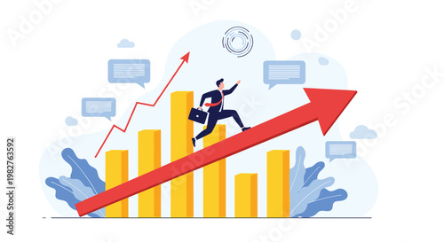 Motivated businessman running along rising red arrow on top of yellow bar chart symbolizing fast career growth and success.