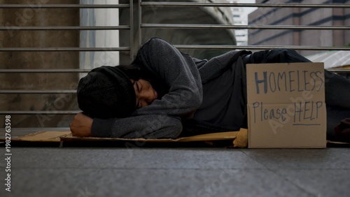 Картината върху платно Banner Homeless people poverty beggar man asking for money job hope help in desperate helpless dirty city sitting with sign Homeless Please Help on cardboard