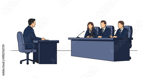 Professional man in a suit sitting at a dark desk during a legal hearing or job interview in front of a panel of three serious judges.
