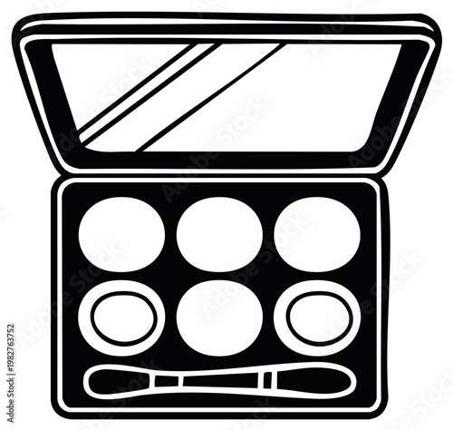 Black and White Illustration of an Open Makeup Palette with Six Eye Shadow Pans and a Double Ended Brush