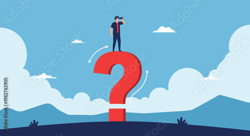 Confident man standing on top of a giant red question mark using binoculars to look for answers in a cloudy landscape for solutions.