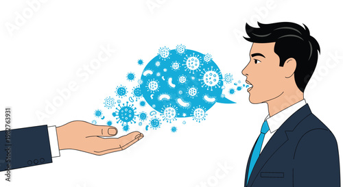 Illustration showing germs and viruses being released from a mans mouth into a speech bubble being caught by another hand for safety.