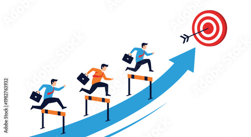 Diverse group of businessmen jumping over hurdles on a rising blue arrow towards a target representing successful business competition.