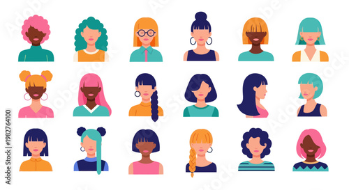 Diverse Women Avatars Collection: Flat Design, Various Hairstyles & Colors