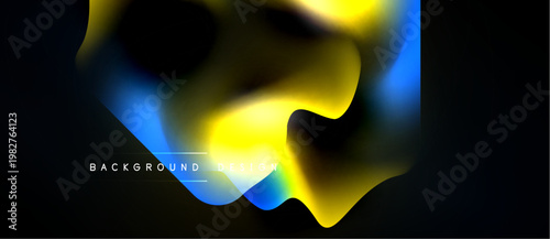 Abstract fluid shapes, vibrant colors blend. Yellow, blue gradients dominate dark background. Modern design element, dynamic composition.