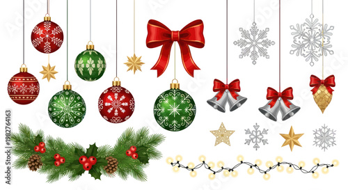 Festive Christmas Ornaments and Decorations - Baubles, Snowflakes, Garland, Lights, Bows