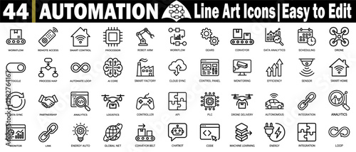 Automation line art icons for technology, robotics, artificial intelligence, and future innovation concepts, designs vector illustration.