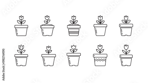 Set of Potted Flower Icons with Simple Line Art Style