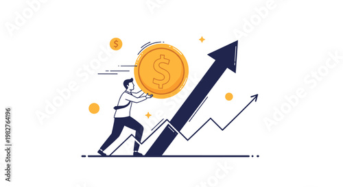 Businessman pushing a large gold coin up a steep blue arrow while several smaller line graphs show market fluctuations and trade trends.