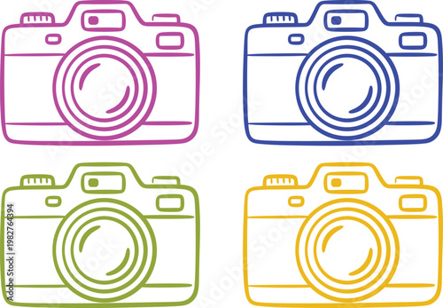 Hand-drawn camera outlines in pink, blue, gray, and yellow