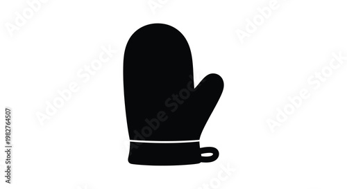 A simple black oven mitt illustration with a hanging loop a stark silhouette