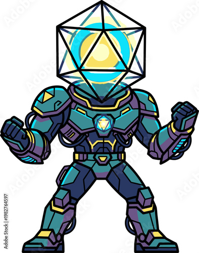 Pixel art futuristic cyborg warrior with d20 dice head, glowing yellow and teal armor, and aggressive stance