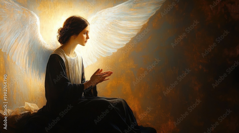 Naklejka premium Seated angel with luminous feathered wings bathed in golden light, dark flowing robe, hands raised in gentle blessing, serene and contemplative atmosphere