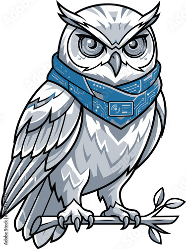 Pixel art owl with blue scarf, perched on a branch, wise and intelligent, digital illustration