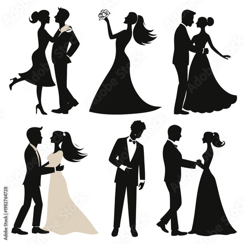 Silhouette illustrations depicting various romantic wedding dance poses and couples