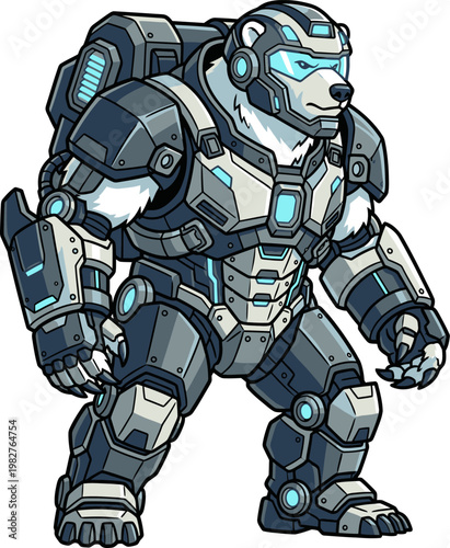 Pixel art polar bear in futuristic power armor with glowing blue accents, sci-fi warrior suit, digital illustration