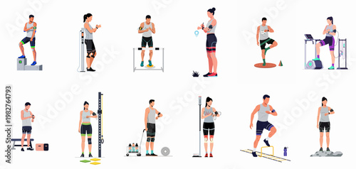 Vector flat illustrations of athletes using smartwatches, heart rate monitors, and fitness trackers while exercising, training, and monitoring their health data.