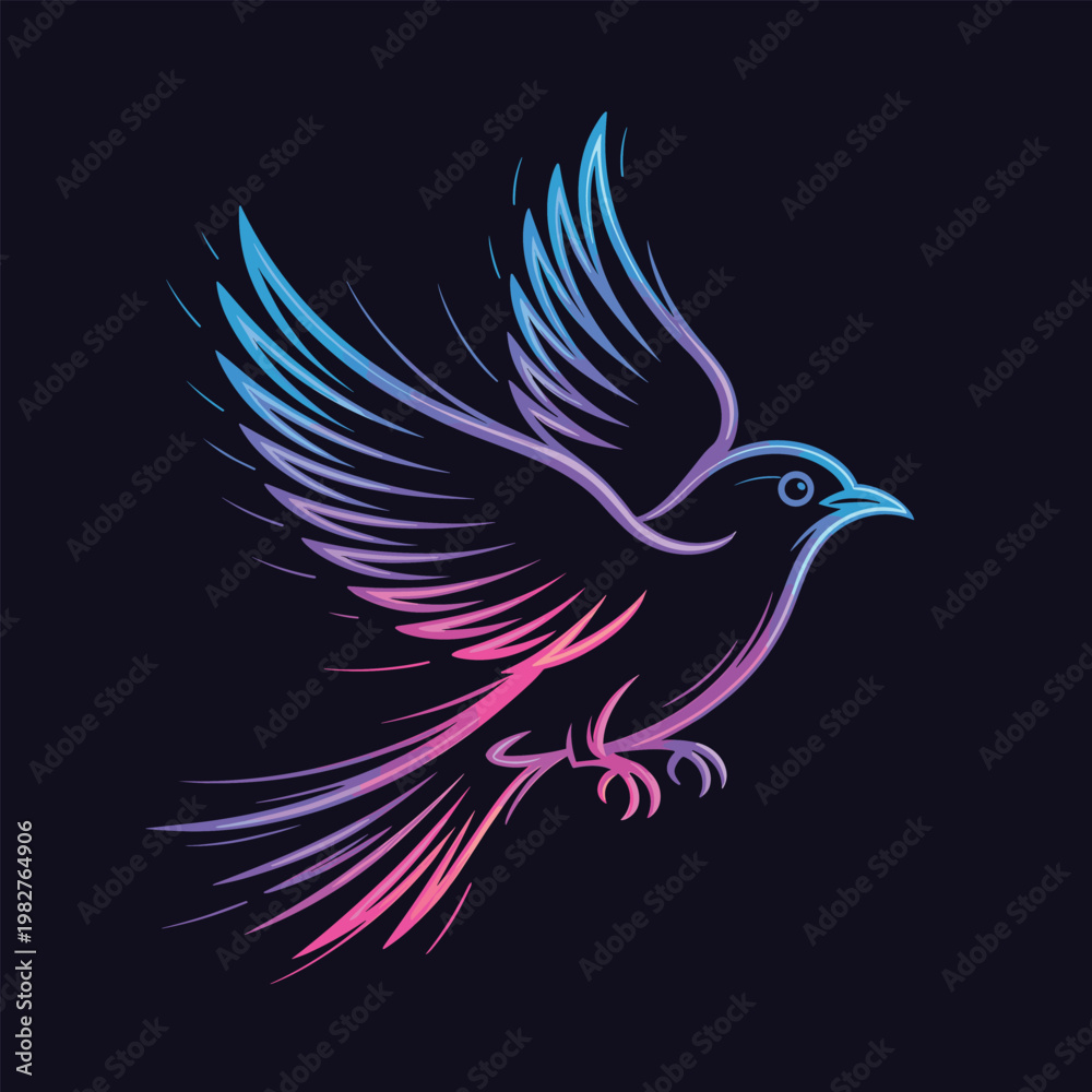 Fototapeta premium Vibrant gradient bird silhouette in flight, dynamic motion lines