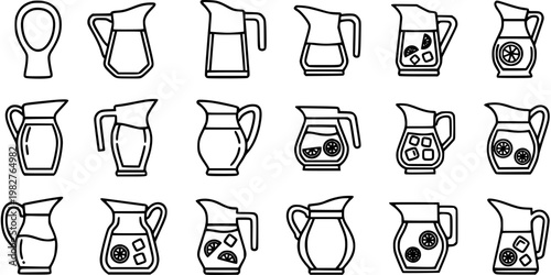 Black and White Line Art Icons of Various Drink Pitchers, Jugs, and Water Dispensers for Food and Beverage