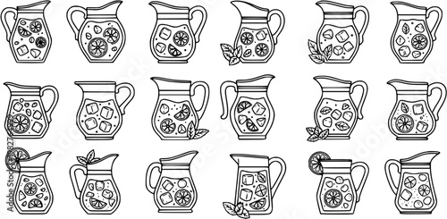 Food and Drink Black and White Line Art Set of Lemonade Pitchers with Ice and Citrus Slices, Refreshing Summer Beverages Collection