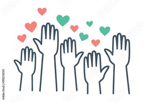 Five raised human hands in a line outline style with floating salmon pink and mint green heart shapes on a white background representing community support and love for charity and social causes