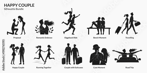Silhouette bundle depicting joyful couples in various romantic and travel scenes